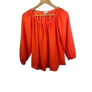 JOIE Women's Keyhole Gauze Balloon Long Sleeve Peasant Top Orange Extra Small